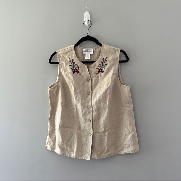 PENDLETON Sleeveless 100% Linen Shirt Embroidered Floral Vest 12 Vintage - Picture 1 of 4